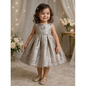 Gold Silver Metallic Brocade A-Line Empire Waist Dress 2T Princess Formal Party